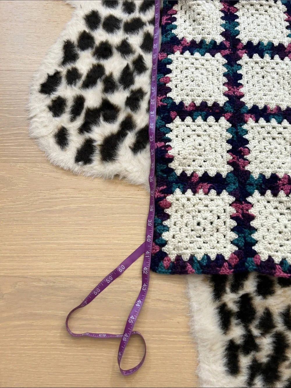 Handmade White Crochet Granny Square Blanket with Navy, Teal & Magenta Accents